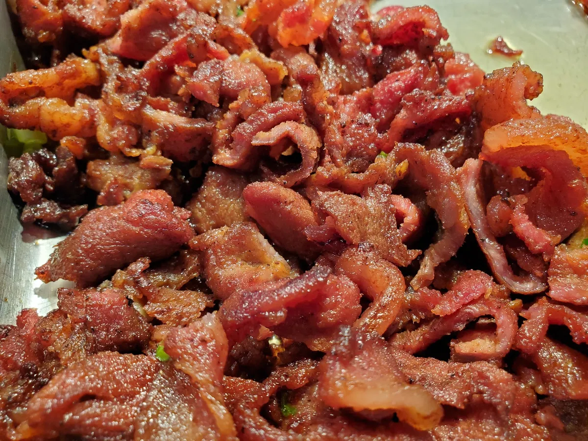 Close-up of crispy fried pork pieces